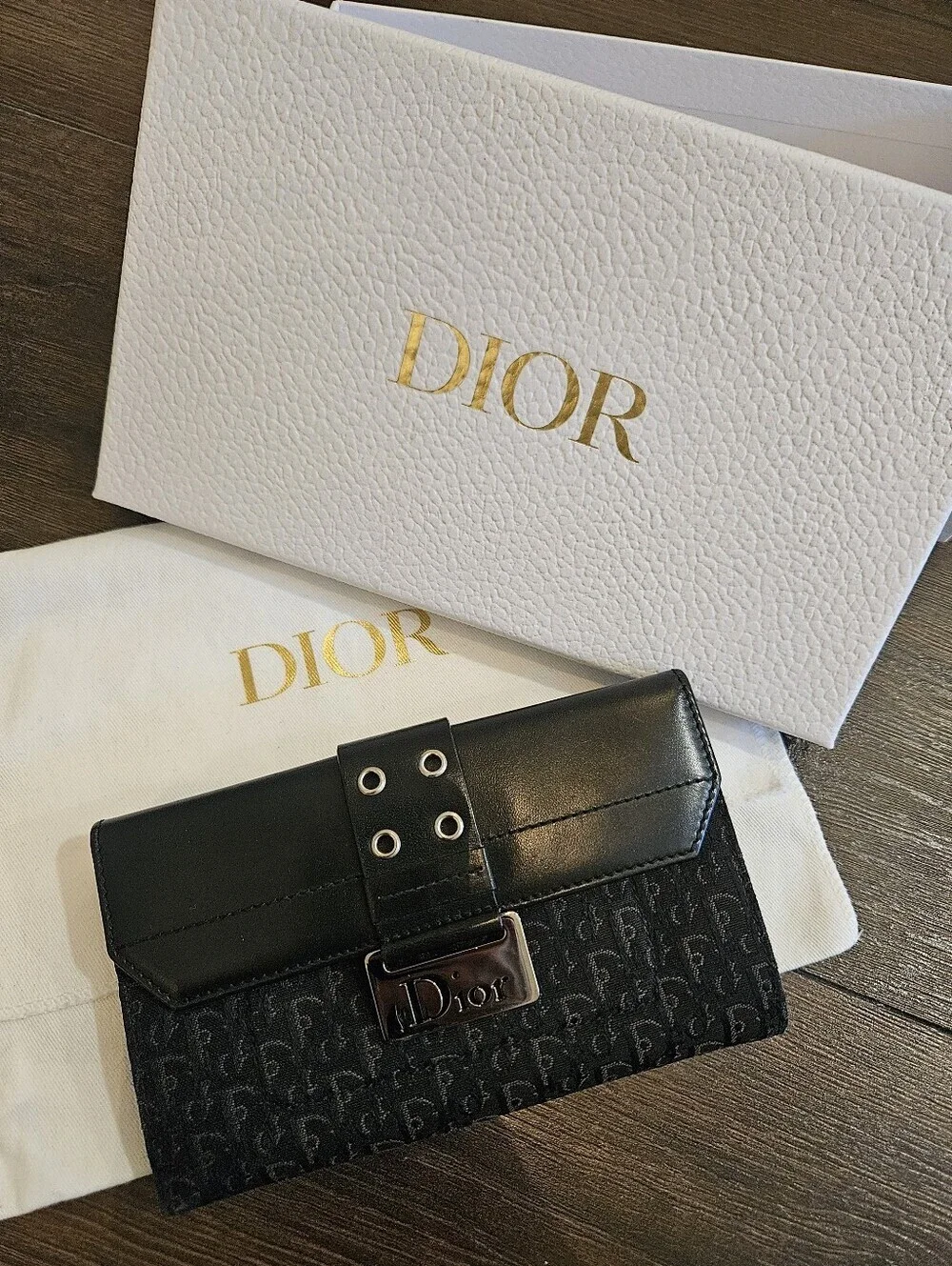 Christian Dior Vintage Trotter Wallet Black Jacquard Leather Silver Logo FullSet
